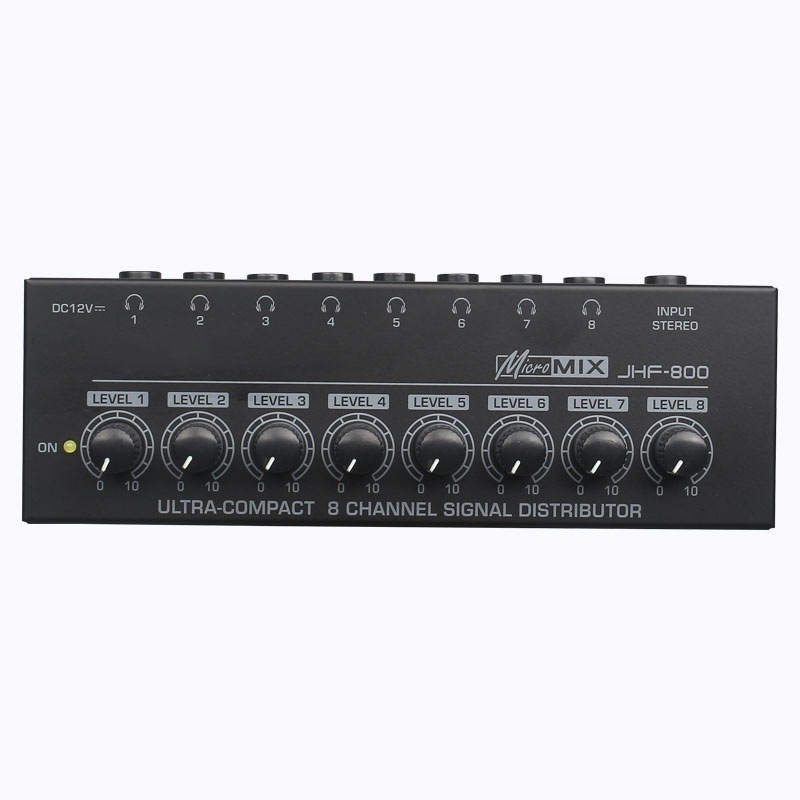8-utas fejhallgató jelosztó, 1 bemenet, 8 kimenet, sztereó monitorozás, fejhallgató erősítő stúdió felvételekhez és mixeléshez