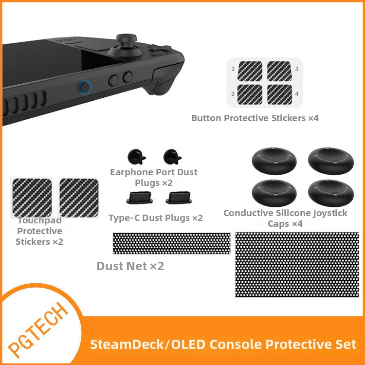 SteamDeck OLED ochranný set: prachové zátky, nálepky na tlačidlá a dotykový touchpad, silikónové krytky joystickov (Kompatibilita: SteamDeck OLED/SteamDeck; Typ: ochranný set proti prachu; Hmotnosť: 27 g; Verzia: Jednoduchá verzia)