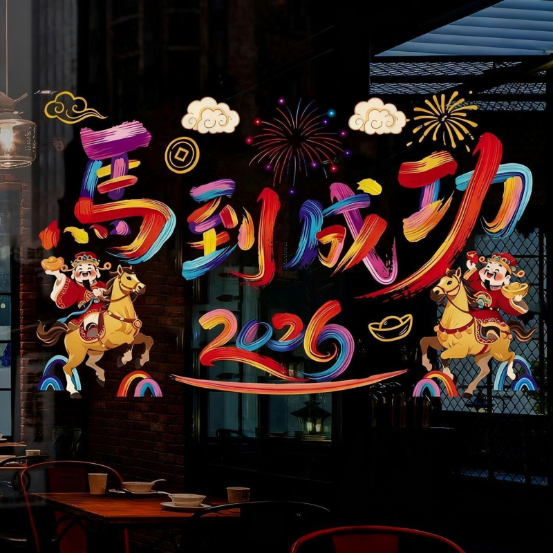 Статичен витринен стикер за магазинска декорация, 2026 година на коня, код на продукта jdt, материал статичен филм, опаковка в OPP торбичка.