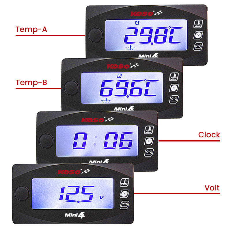 Koso KO-4 în 1 instrument LCD pentru motocicletă: temperatura apei, temperatura uleiului, tensiune, timp; 0–250°C