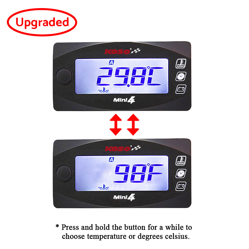 Koso KO-4 în 1 instrument LCD pentru motocicletă: temperatura apei, temperatura uleiului, tensiune, timp; 0–250°C