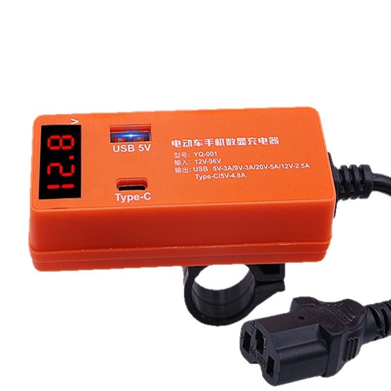 Leaping Flag USB nabíjačka pre elektrické vozidlá/motocykle so snímačom napätia, rozsah 12–120V, USB výstup pre telefóny