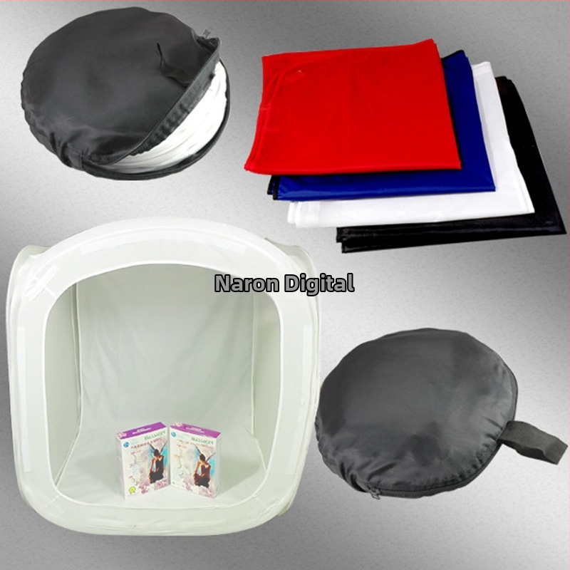 Kompaktne fotostudio s jemným osvetlením, kruhová konštrukcia, materiál: polyester taft, flokované pozadie