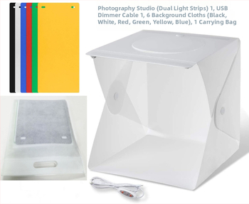 Dve LED skladacie štúdiové svetlá s nastaviteľnou intenzitou, určené pre fotografovanie zhora, so šiestimi panelmi pozadia