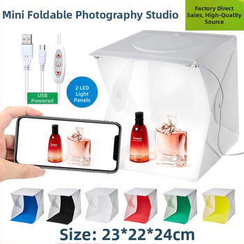 Dve LED skladacie štúdiové svetlá s nastaviteľnou intenzitou, určené pre fotografovanie zhora, so šiestimi panelmi pozadia