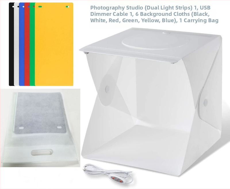 Dve LED skladacie štúdiové svetlá s nastaviteľnou intenzitou, určené pre fotografovanie zhora, so šiestimi panelmi pozadia