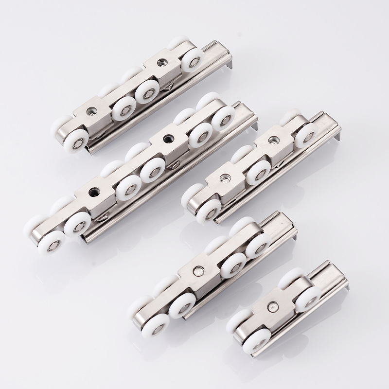 Rola za klizna vrata od nehrđajućeg čelika i najlonsko ležaj; tih i glatki rad; nosivost 45–75 kg; modeli: 4 kotačića, 6 kotačića dvostruke šipke, 8 kotačića jedne/dvostruke šipke, 12 kotačića dvostruke šipke; moderan i jednostavan dizajn; OEM logo