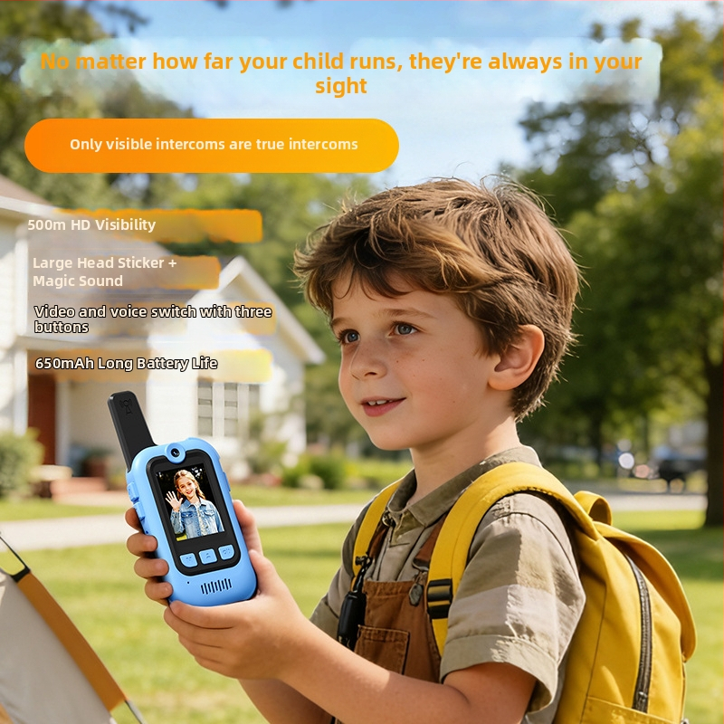 Interfon video pentru copii, all-in-one, wireless 2,4 GHz, display HD, marca Green Horse, 1 canal, rază până la 1,5 km, baterie litiu 650 mAh, anti-interferență