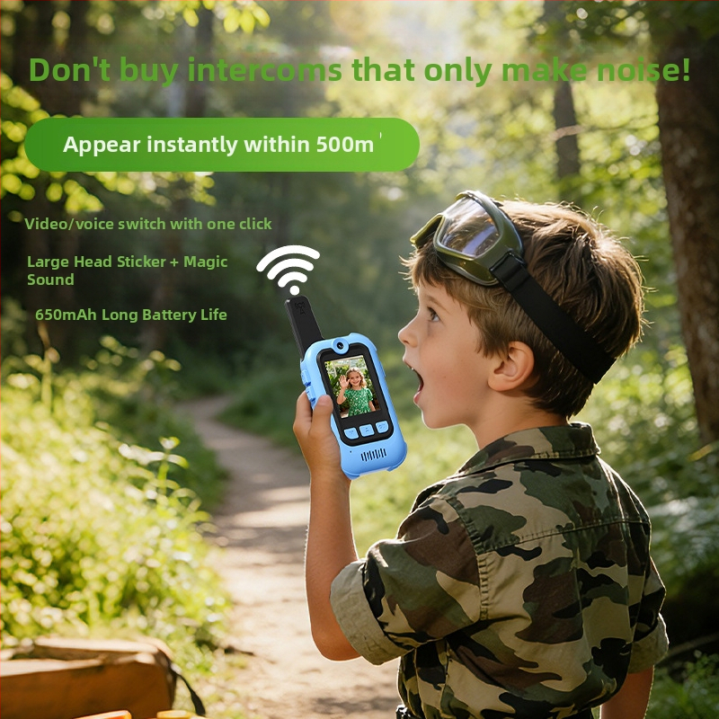 Interfon video pentru copii, all-in-one, wireless 2,4 GHz, display HD, marca Green Horse, 1 canal, rază până la 1,5 km, baterie litiu 650 mAh, anti-interferență