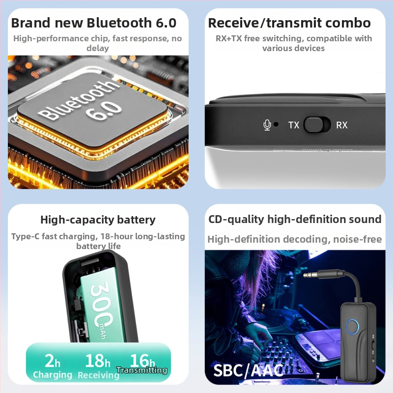 Αυτοκίνητο Bluetooth 6.0 Ασύρματος δέκτης-εκπομπός με 3,5 mm AUX, μετατροπέας ήχου 1 προς 2, Plug-and-Play