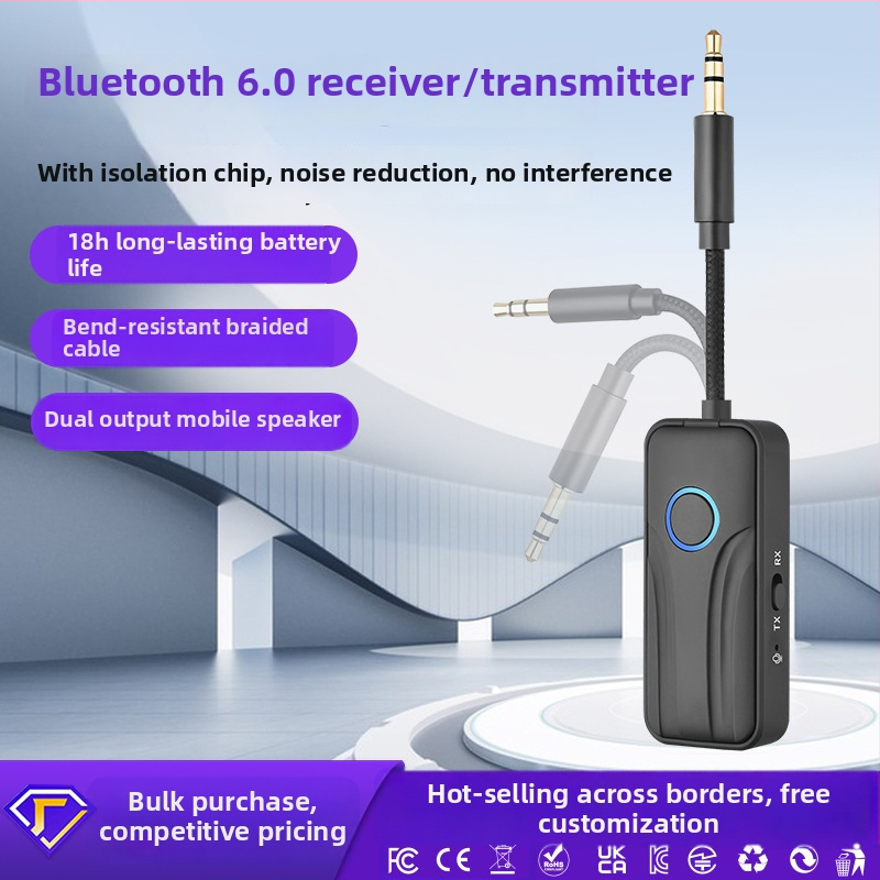 Αυτοκίνητο Bluetooth 6.0 Ασύρματος δέκτης-εκπομπός με 3,5 mm AUX, μετατροπέας ήχου 1 προς 2, Plug-and-Play