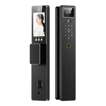 Okos ajtózár arcfelismeréssel, tenyérvénás azonosítással és ujjlenyomattal, videó kaputelefonnal és kukucskálóval (100 ujjlenyomat tárolás; <0,5 s szkennelés; FAR 0,4%; FRR <0,15%; -25–55°C)