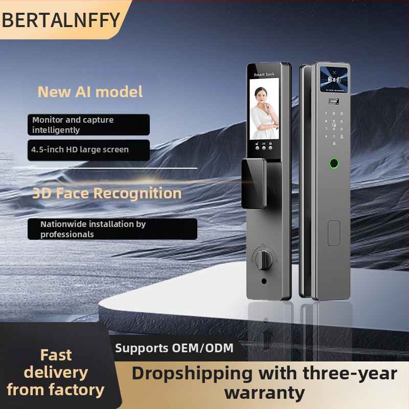 Okos ajtózár arcfelismeréssel, tenyérvénás azonosítással és ujjlenyomattal, videó kaputelefonnal és kukucskálóval (100 ujjlenyomat tárolás; <0,5 s szkennelés; FAR 0,4%; FRR <0,15%; -25–55°C)