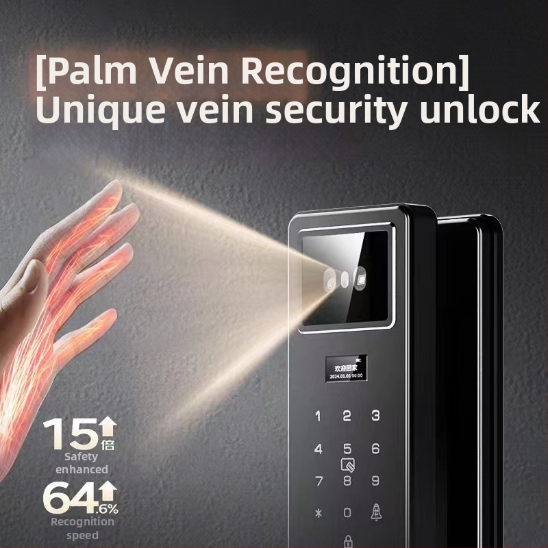 Okos ajtózár arcfelismeréssel, tenyérvénás azonosítással és ujjlenyomattal, videó kaputelefonnal és kukucskálóval (100 ujjlenyomat tárolás; <0,5 s szkennelés; FAR 0,4%; FRR <0,15%; -25–55°C)