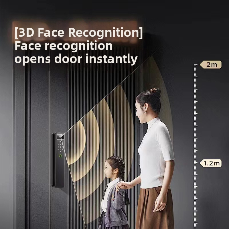 Okos ajtózár arcfelismeréssel, tenyérvénás azonosítással és ujjlenyomattal, videó kaputelefonnal és kukucskálóval (100 ujjlenyomat tárolás; <0,5 s szkennelés; FAR 0,4%; FRR <0,15%; -25–55°C)
