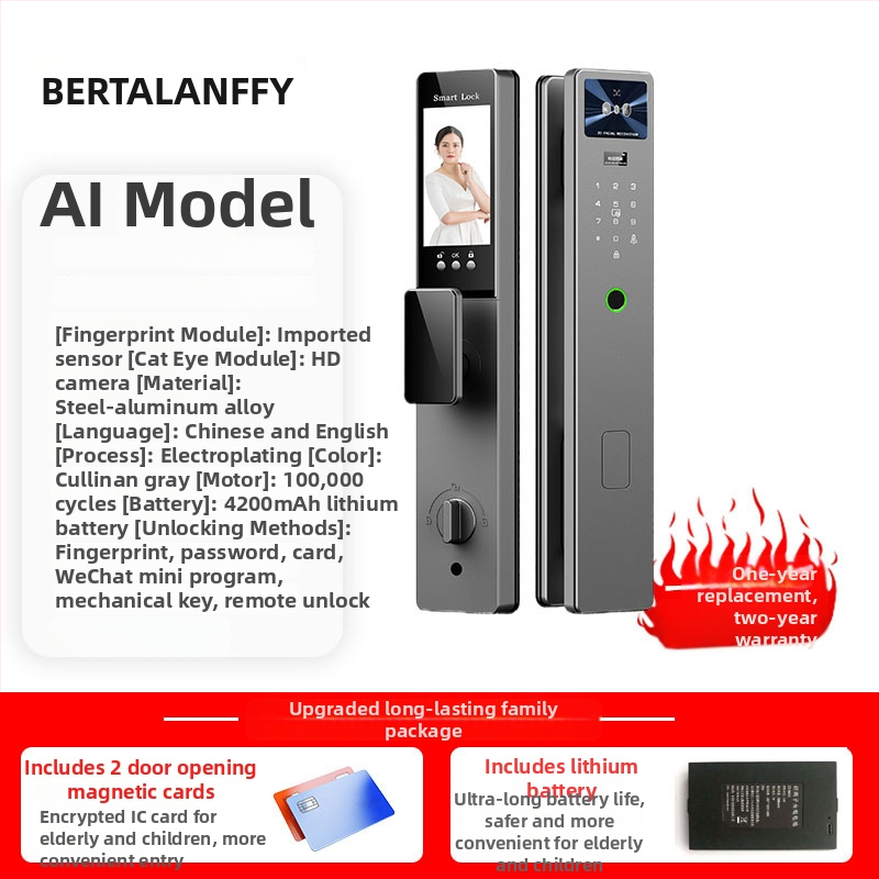 Okos ajtózár arcfelismeréssel, tenyérvénás azonosítással és ujjlenyomattal, videó kaputelefonnal és kukucskálóval (100 ujjlenyomat tárolás; <0,5 s szkennelés; FAR 0,4%; FRR <0,15%; -25–55°C)