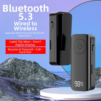 Bluetooth 5.3 audio transceiver s digitálnym displejom - Lavalier adaptér, AUX 3.5 mm, Plug-and-Play, bez externého napájania, dosah 10 m, 100 Mbps