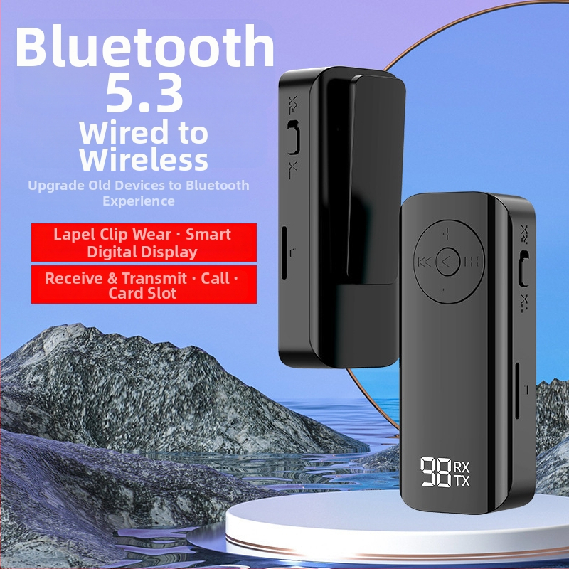 Bluetooth 5.3 audio transceiver s digitálnym displejom - Lavalier adaptér, AUX 3.5 mm, Plug-and-Play, bez externého napájania, dosah 10 m, 100 Mbps