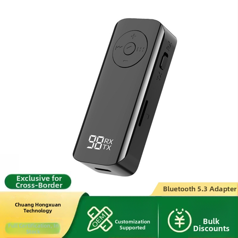 Bluetooth 5.3 audio transceiver s digitálnym displejom - Lavalier adaptér, AUX 3.5 mm, Plug-and-Play, bez externého napájania, dosah 10 m, 100 Mbps