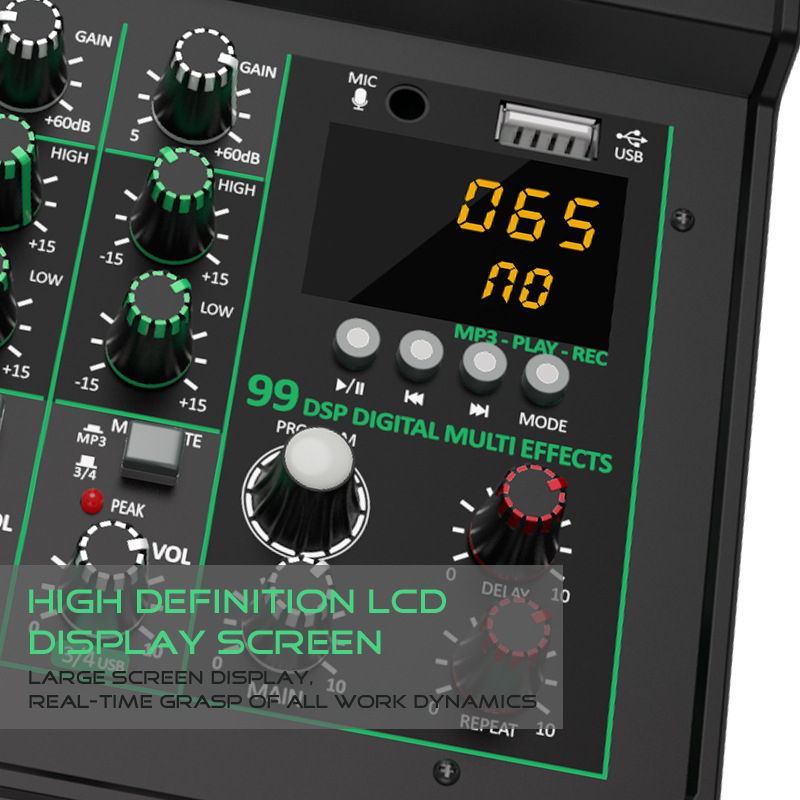 Mixer audio cu 4 canale, efecte, DSP, redare MP3, intrare microfon – mixer profesional pentru înregistrări ale trupei și prestații live