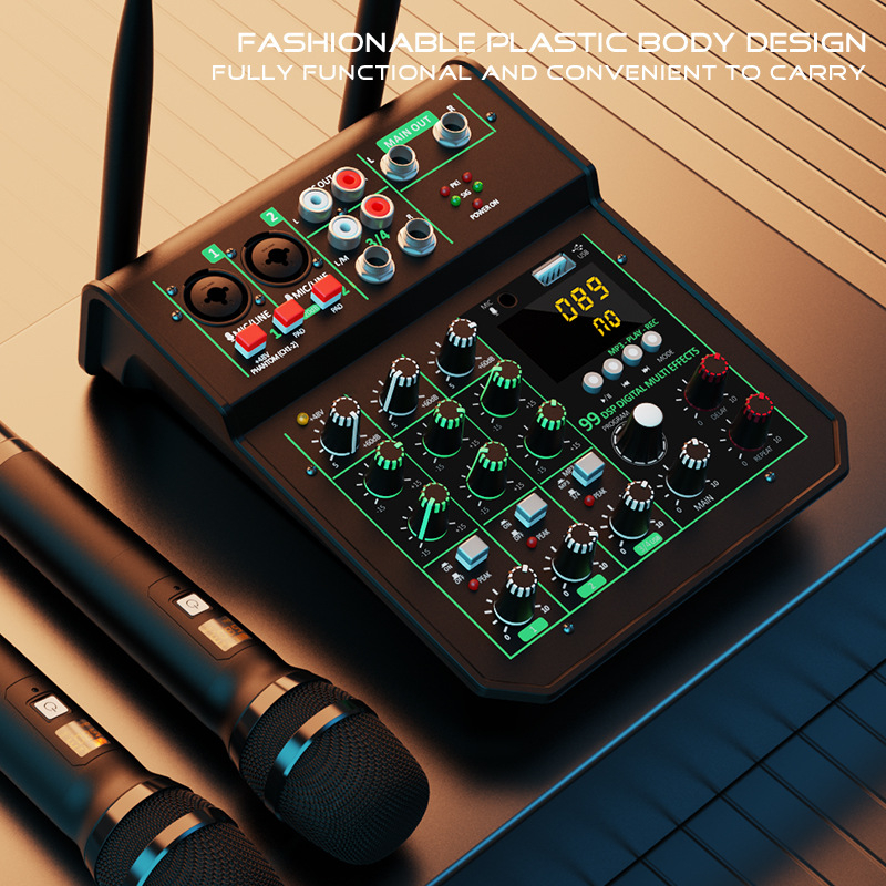 Mixer audio cu 4 canale, efecte, DSP, redare MP3, intrare microfon – mixer profesional pentru înregistrări ale trupei și prestații live