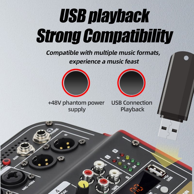 Ouileyr 6-канален миксер за лайв стрийминг и записи, USB, MP3 и Bluetooth