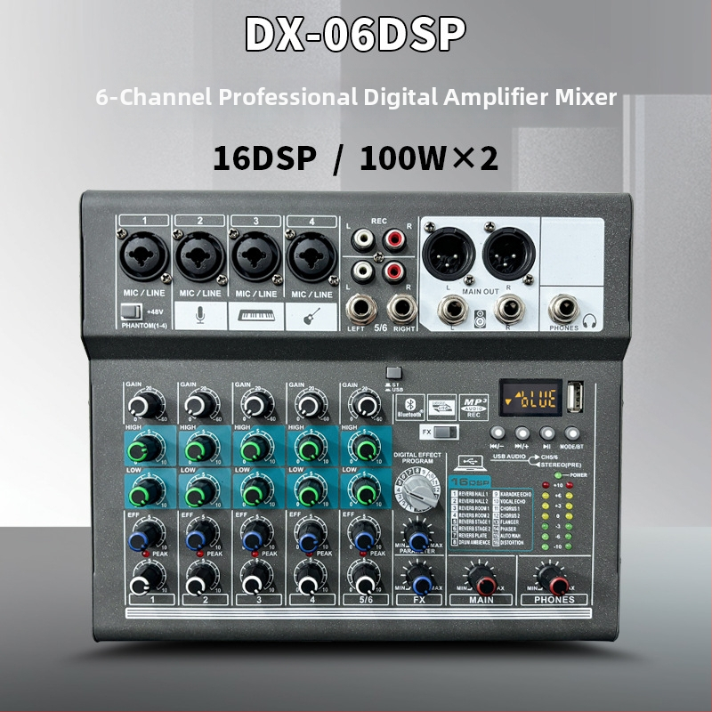 Dx-06DSP profesionálny digitálny mikser so zosilňovačom pre domáce karaoke, nahrávanie cez USB na počítači a videokonferenčný zosilňovač