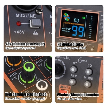 ZX Mixer wireless cu 4 canale, Bluetooth, 99 efecte DSP, 48V alimentare phantom