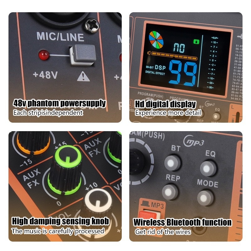 ZX Mixer wireless cu 4 canale, Bluetooth, 99 efecte DSP, 48V alimentare phantom