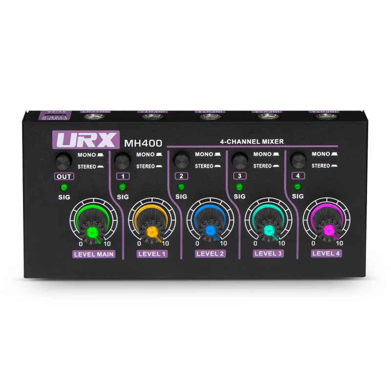 URX MH400 Mini 4-kanalni linijski mikser, napajanje 5V2A, za mikrofon, gitaru, bas i tipkovnicu