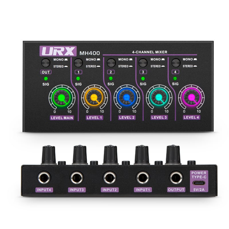 URX MH400 Mini 4-kanalni linijski mikser, napajanje 5V2A, za mikrofon, gitaru, bas i tipkovnicu