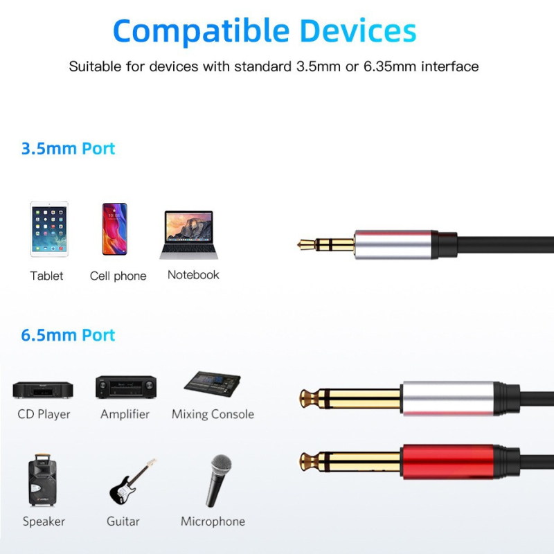 Audio kabel: 3,5 mm stereo na dvostruki 6,35 mm mono, jedan na dva za računalni mikser; jezgro bakrene žice s tinovanom prevlakom; vodič: legura