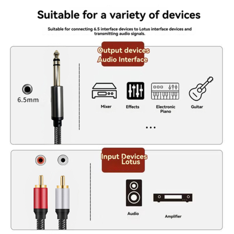 RCA audio kabel, 6.5 mm na dvostruki RCA i 6.35 mm na 2RCA – pozlaćeno, bakreno jezgro cínirano, RoHS