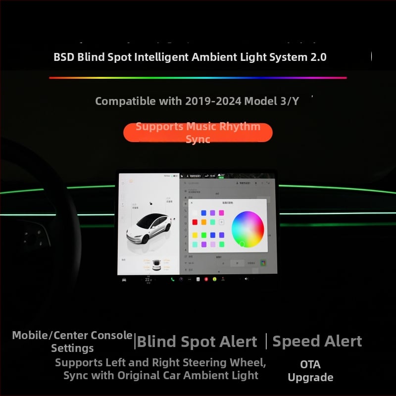 BK-060 ambientno svjetlo za Tesla Model 3/Y, središnja konzola, detekcija mrtvog kuta i inteligentno upozoravajuće svjetlo.