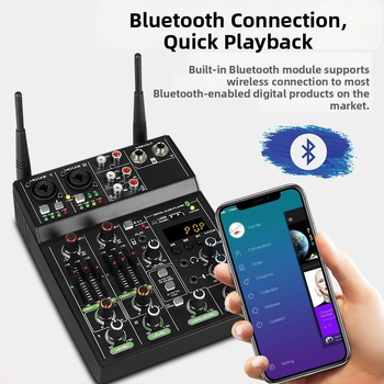 Mixer cu 4 canale, microfon wireless, interfață audio USB pentru calculator, înregistrare, setup compact pentru streaming live cu reverb Bluetooth