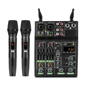 Mixer cu 4 canale, microfon wireless, interfață audio USB pentru calculator, înregistrare, setup compact pentru streaming live cu reverb Bluetooth