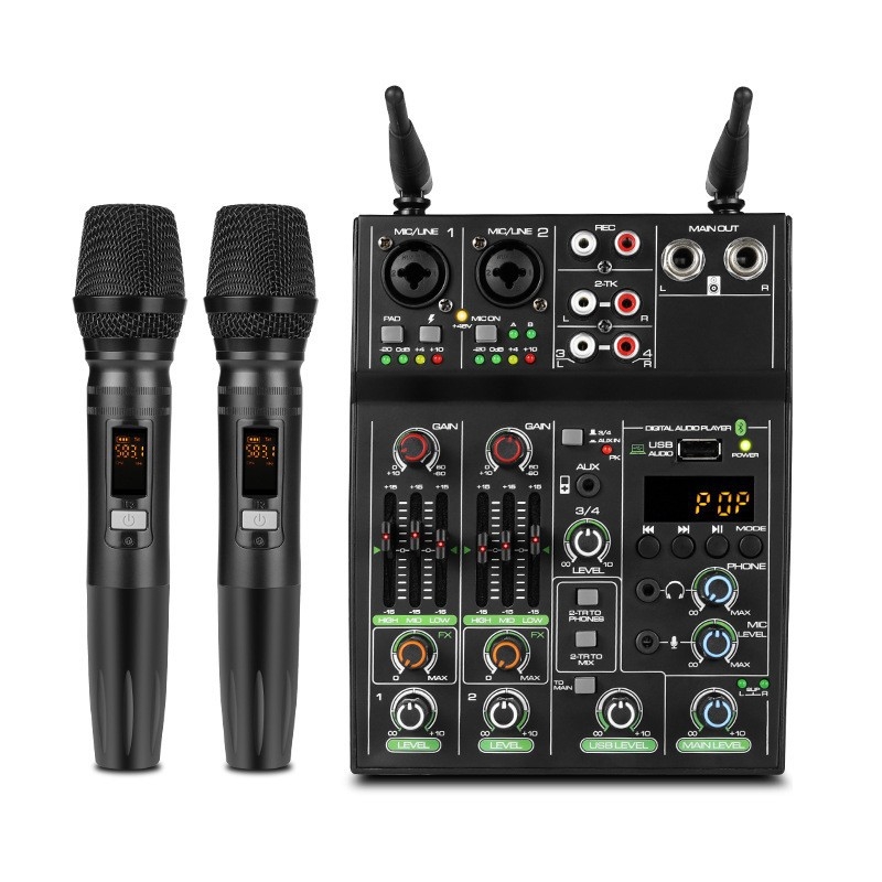 Mixer cu 4 canale, microfon wireless, interfață audio USB pentru calculator, înregistrare, setup compact pentru streaming live cu reverb Bluetooth