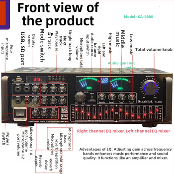 Starklok KA8900 Štvorkanálový domáci karaoke zosilňovač s viacstupňovým EQ, 1000 W, 4–16 Ω, 20–20 kHz