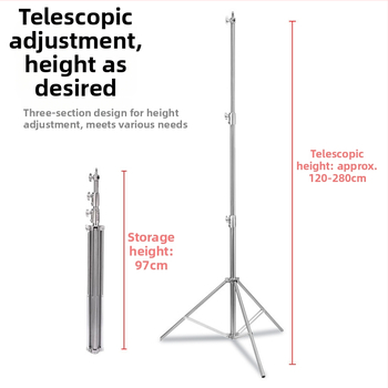 Nerezová oceľová ťažká stojan na osvetlenie pre živú fotografiu – nosnosť 10 kg, priemer trubky 25/30/35 mm, 3 sekcie, hmotnosť 2,35 kg