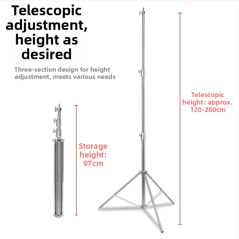 Nerezová oceľová ťažká stojan na osvetlenie pre živú fotografiu – nosnosť 10 kg, priemer trubky 25/30/35 mm, 3 sekcie, hmotnosť 2,35 kg