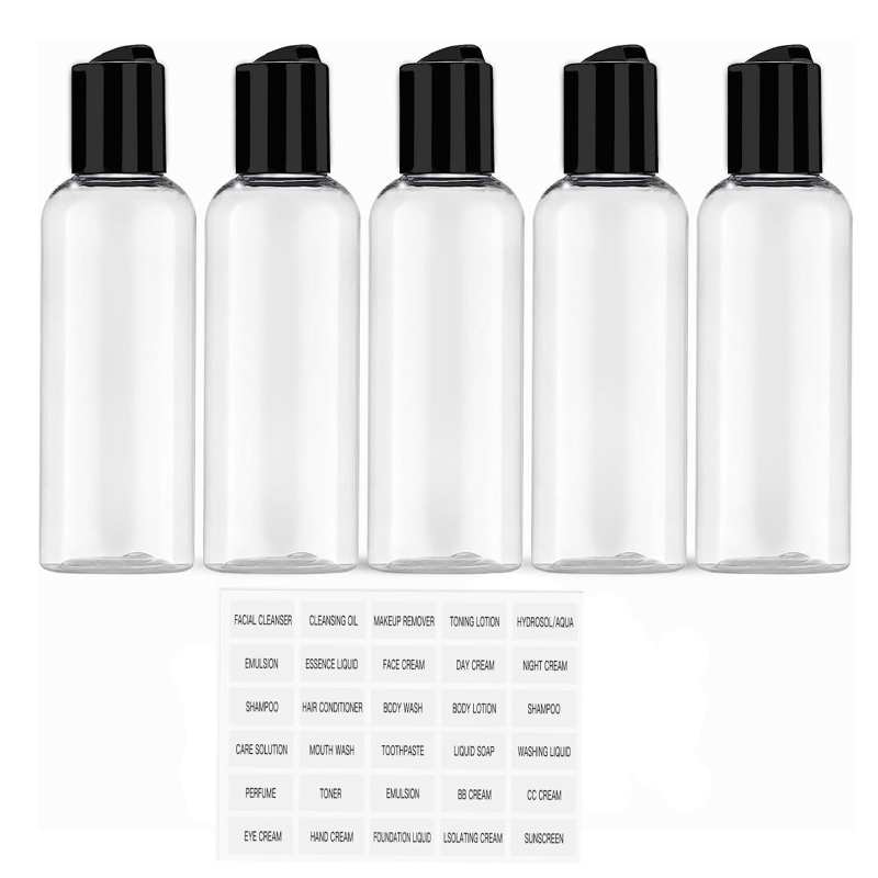 Козметичен комплект бутилки за пътуване с етикети, модел SF2454S5DS, произход Zhejiang, комплект за бутилки за козметика, срок на годност 20 години, с чанта за съхранение