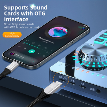 OTG zvukový kábel s Android v8 rozhraním, kompatibilný s Apple Lightning, jadro vodiča z nylónu, vodič zo zliatiny