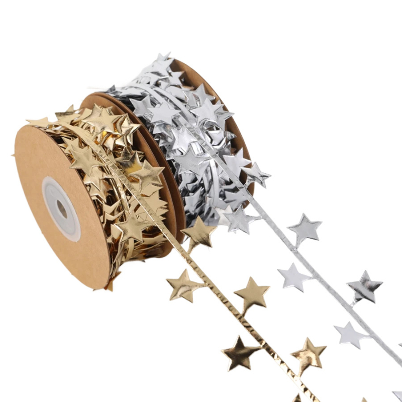 Poliészter ajándék szalag ultrahangos domborítással, karácsonyfa és ötágú csillag díszítéssel