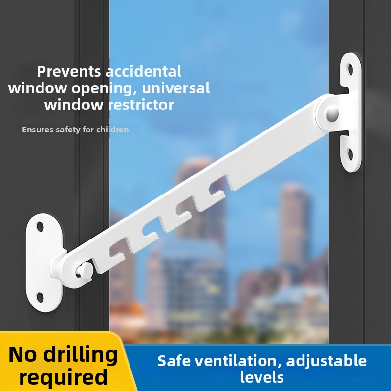 Detská bezpečnostná západka na okná – bez vrtania, odolná voči vetru, obmedzovač otvorenia vnútorného/vonkajšieho s háčikom a sponou – univerzálny model