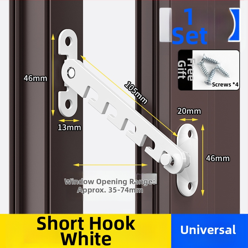 Detská bezpečnostná západka na okná – bez vrtania, odolná voči vetru, obmedzovač otvorenia vnútorného/vonkajšieho s háčikom a sponou – univerzálny model