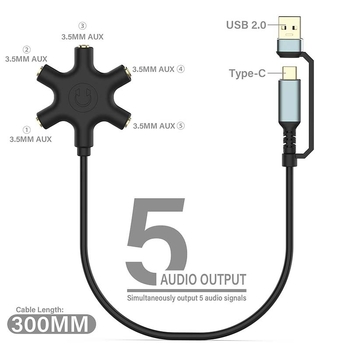 USB/Type-C na 5×3.5 mm audio splitter, pretvarač 1 na 5 zvuka, zlatno obloženo, bakreno jezgro, CCC certificiran