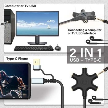 USB/Type-C na 5×3.5 mm audio splitter, pretvarač 1 na 5 zvuka, zlatno obloženo, bakreno jezgro, CCC certificiran