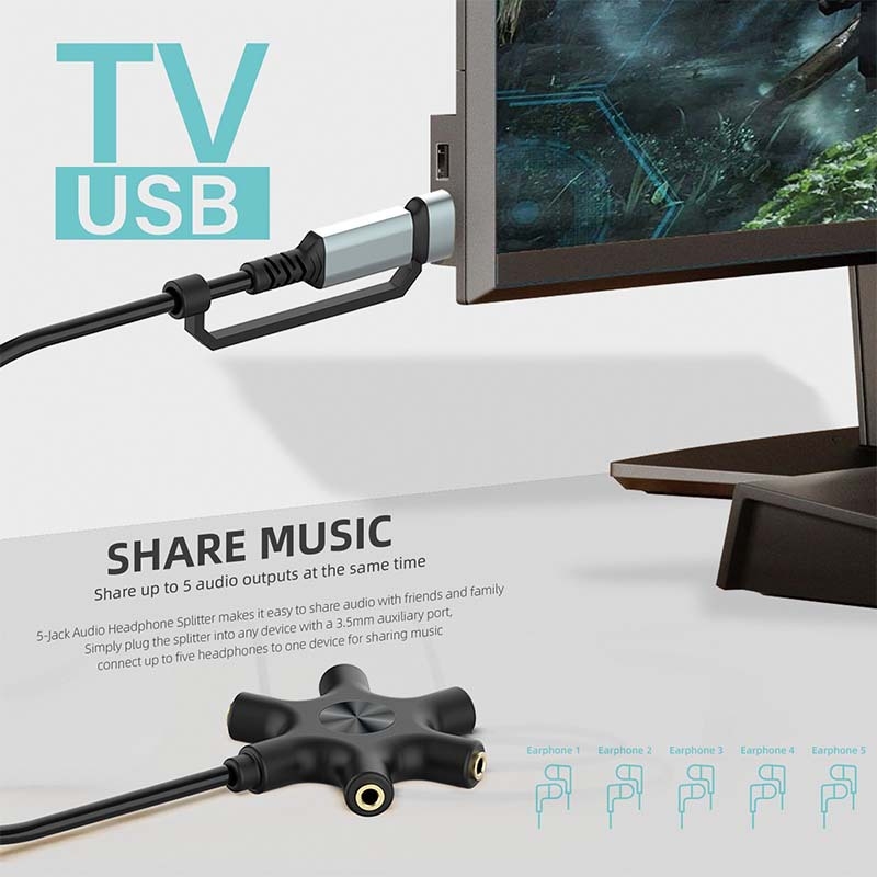 USB/Type-C na 5×3.5 mm audio splitter, pretvarač 1 na 5 zvuka, zlatno obloženo, bakreno jezgro, CCC certificiran