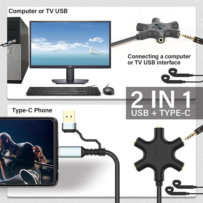 USB/Type-C na 5×3.5 mm audio splitter, pretvarač 1 na 5 zvuka, zlatno obloženo, bakreno jezgro, CCC certificiran
