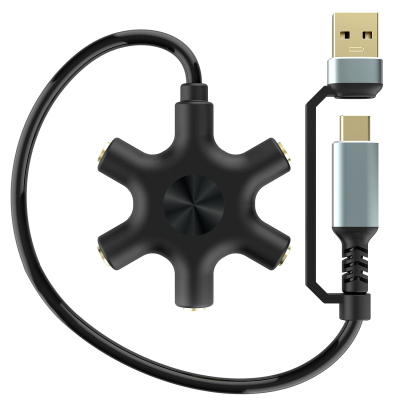 USB/Type-C na 5×3.5 mm audio splitter, pretvarač 1 na 5 zvuka, zlatno obloženo, bakreno jezgro, CCC certificiran